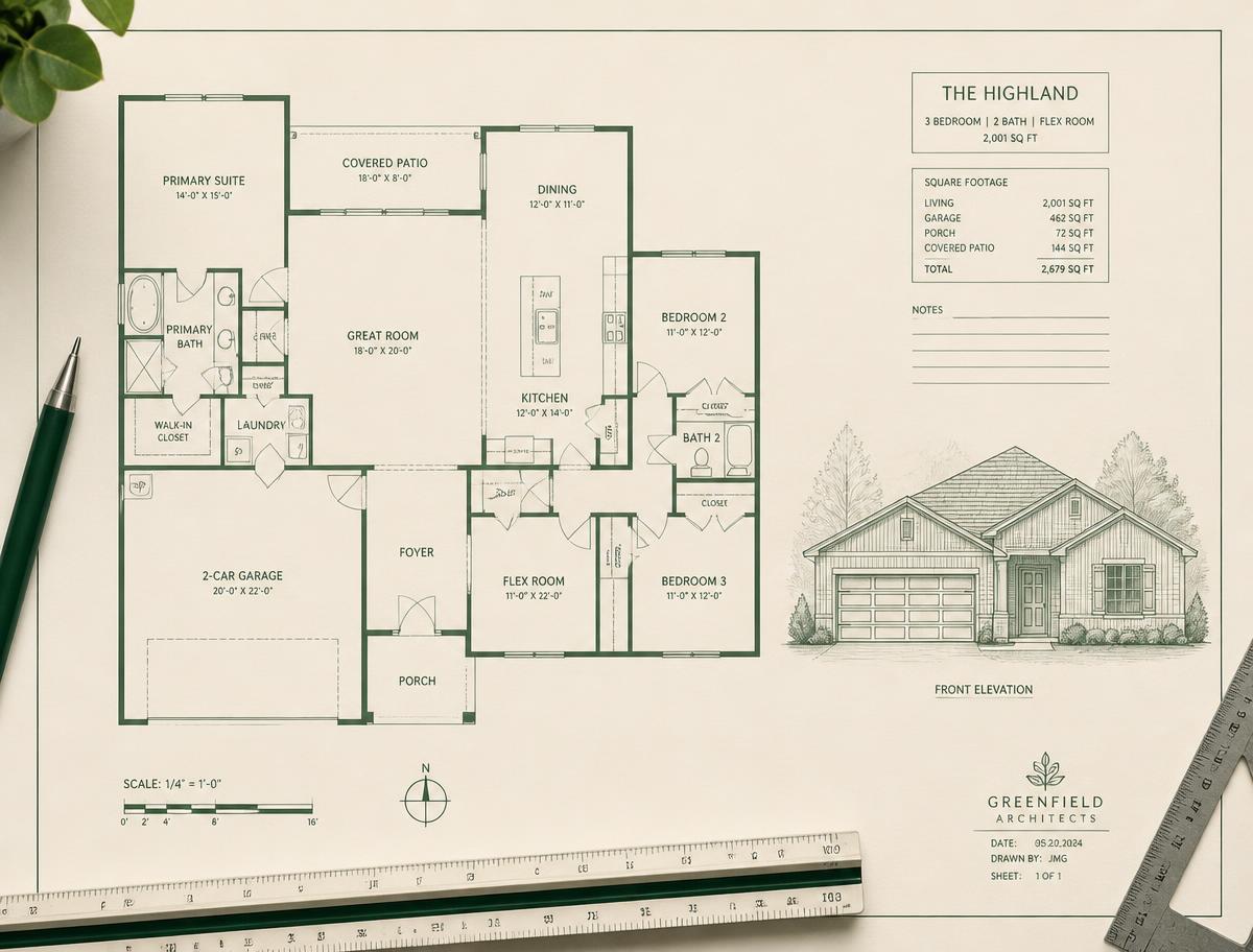 Architectural floor plan and front elevation drawing of a suburban home