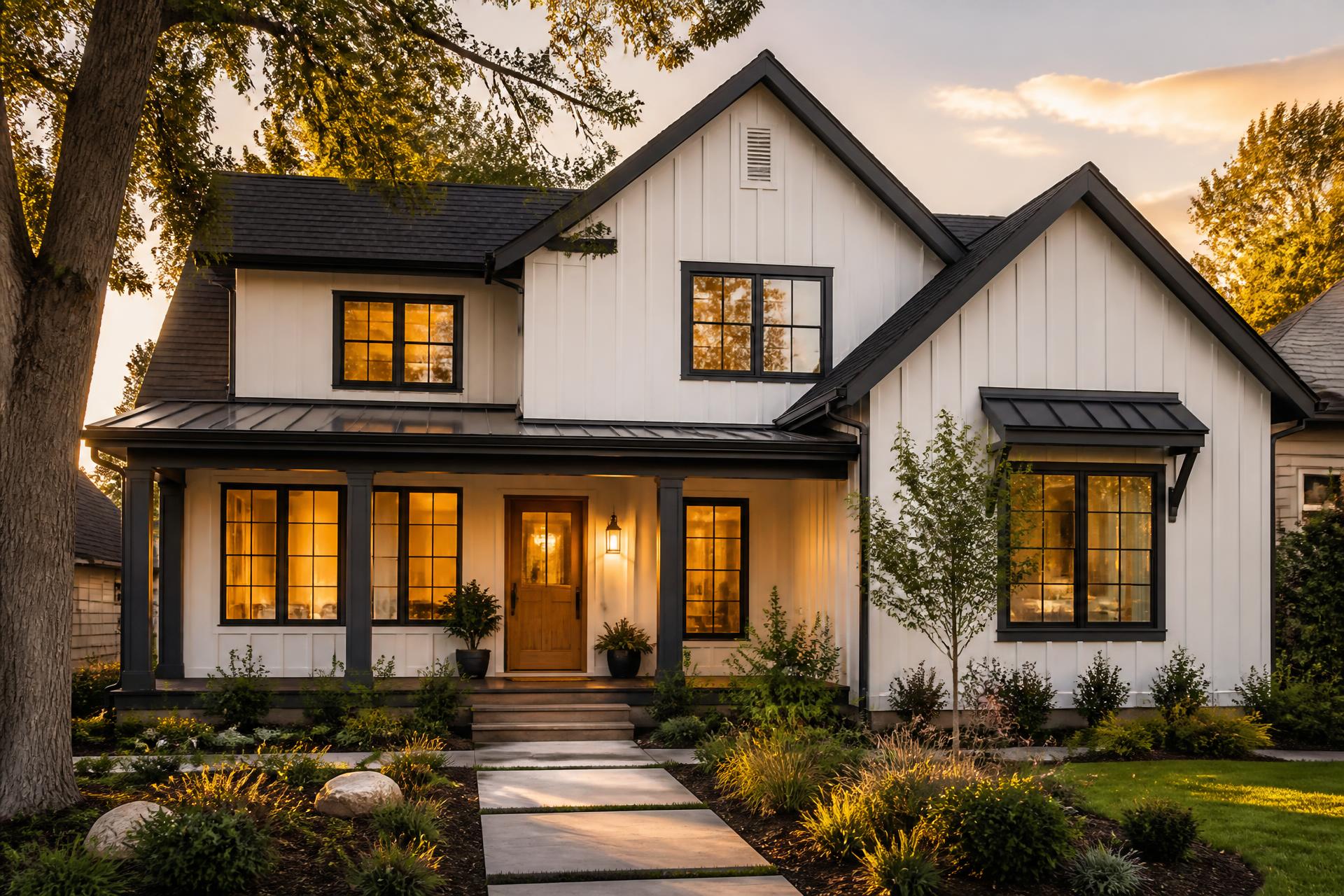 A renovated suburban home exterior at dusk
