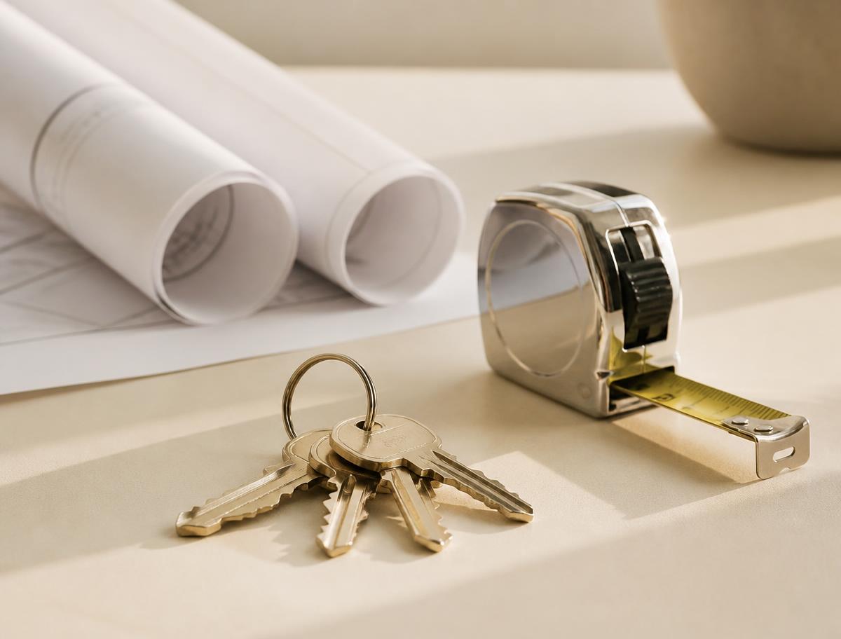 House keys, a tape measure, and rolled construction plans on a desk